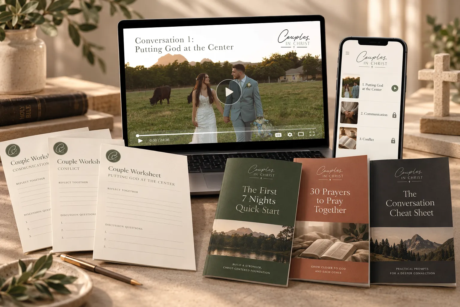 The 7 Conversations Method: video lessons on laptop and phone, couple worksheets, and three bonus guides