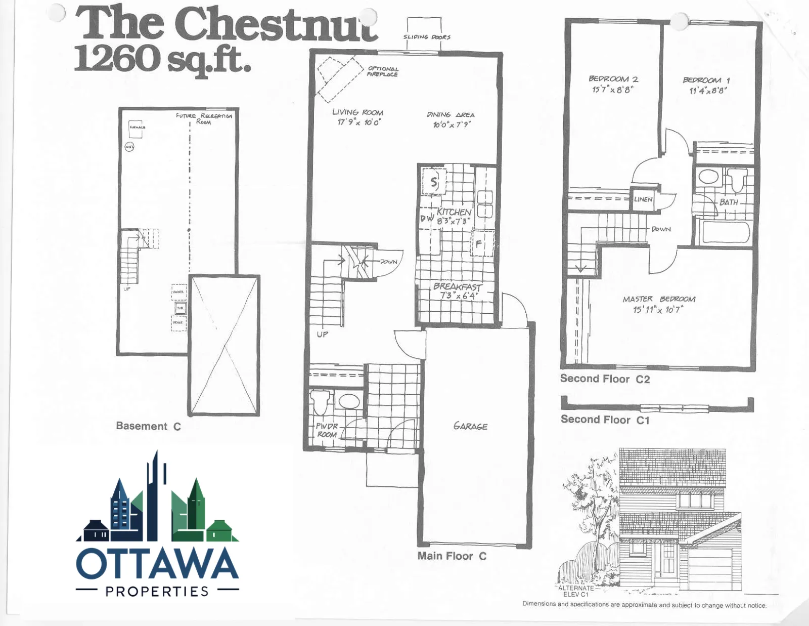 Floor plan of the Chestnut model condo townhome at 593 Canotia Place, Orleans, showing basement, main floor with garage, and second floor with three bedrooms