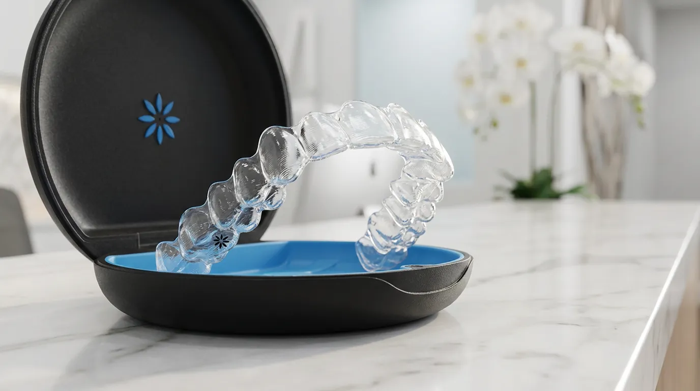 Alineador transparente Invisalign apoyado sobre su estuche negro en una superficie de mármol — tratamiento de ortodoncia invisible en Bogotá