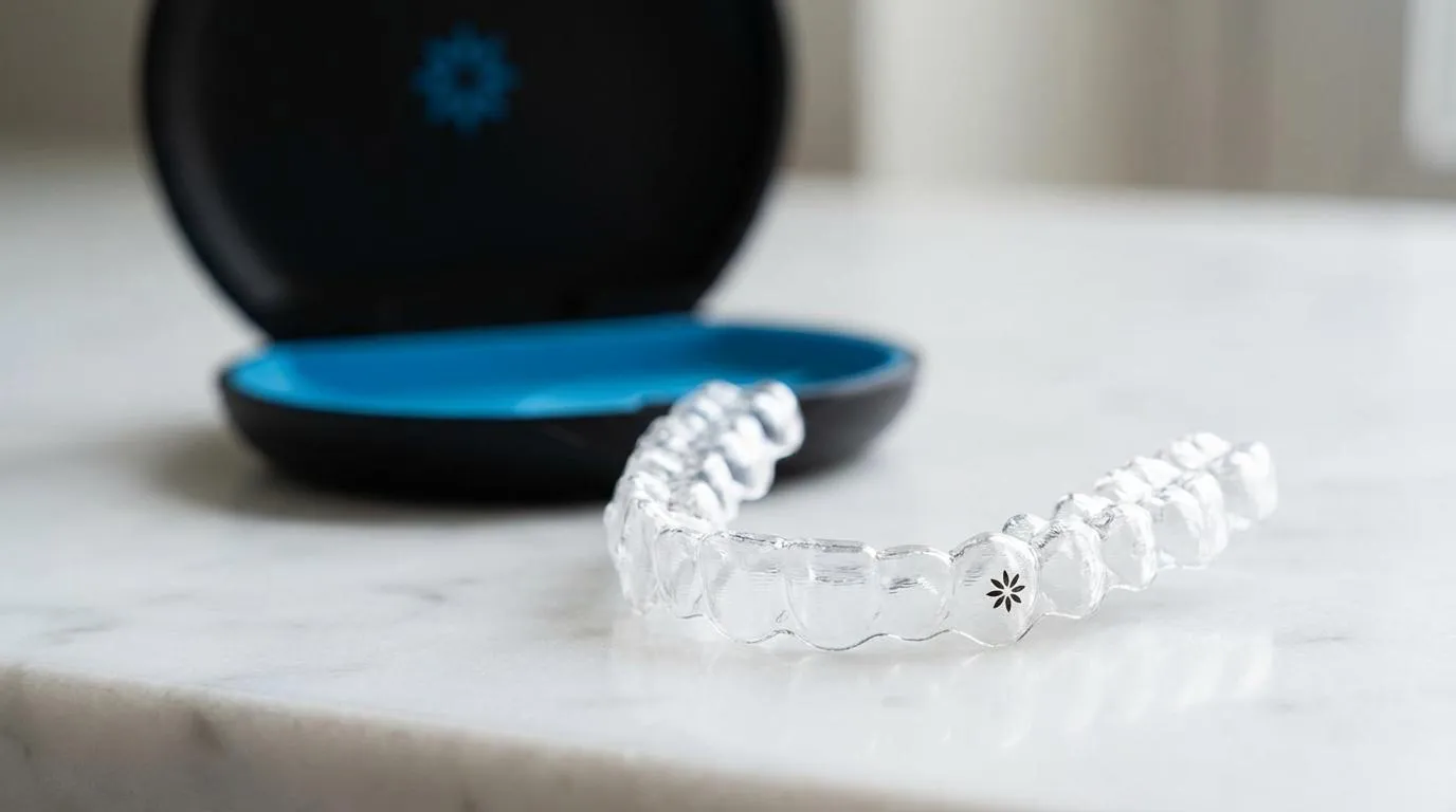 Alineador transparente de Invisalign sobre superficie de mármol junto a su estuche — ortodoncia invisible para adultos