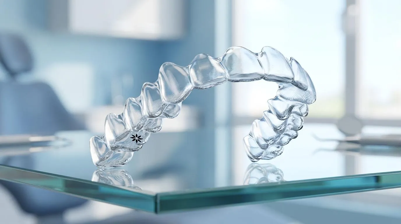 Detalle de un alineador Invisalign auténtico: material SmartTrack, borde festoneado y el logotipo grabado en la superficie