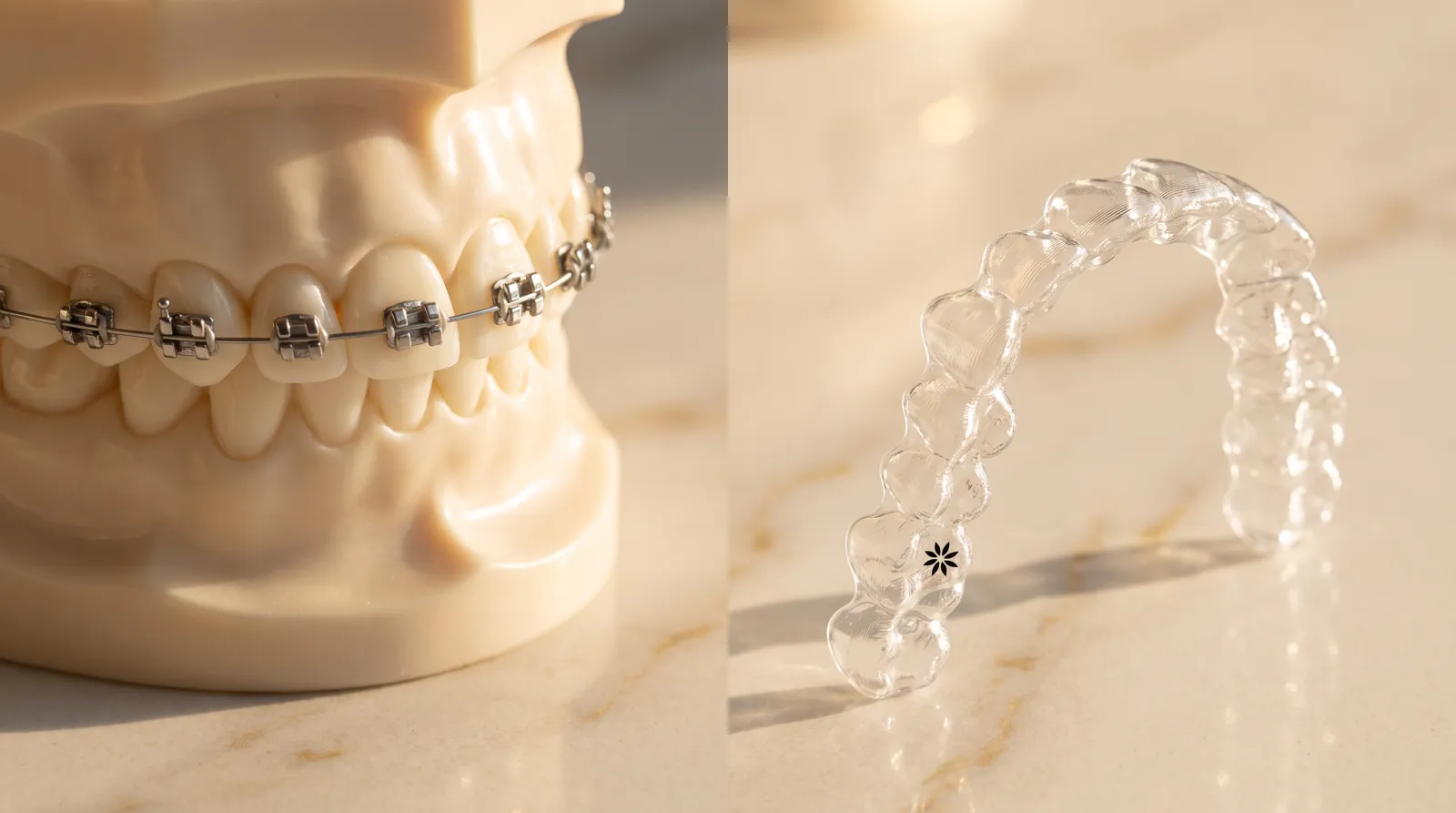 Split-screen editorial: brackets metálicos tradicionales a la izquierda, alineador Invisalign transparente a la derecha, sobre mármol cálido — comparación de ortodoncia en Bogotá