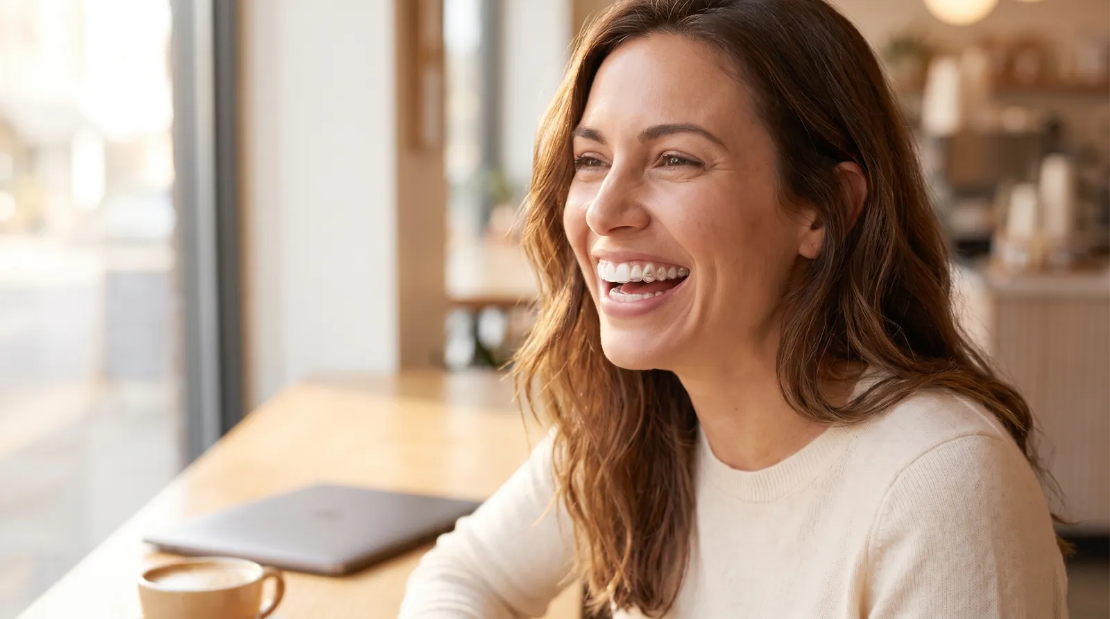 Mujer adulta sonriendo naturalmente en un espacio de trabajo moderno — el alineador Invisalign en sus dientes es prácticamente invisible