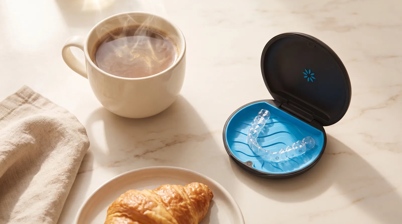 Escena editorial de desayuno sobre mármol — taza de café humeante junto al estuche Invisalign abierto con el alineador retirado para comer