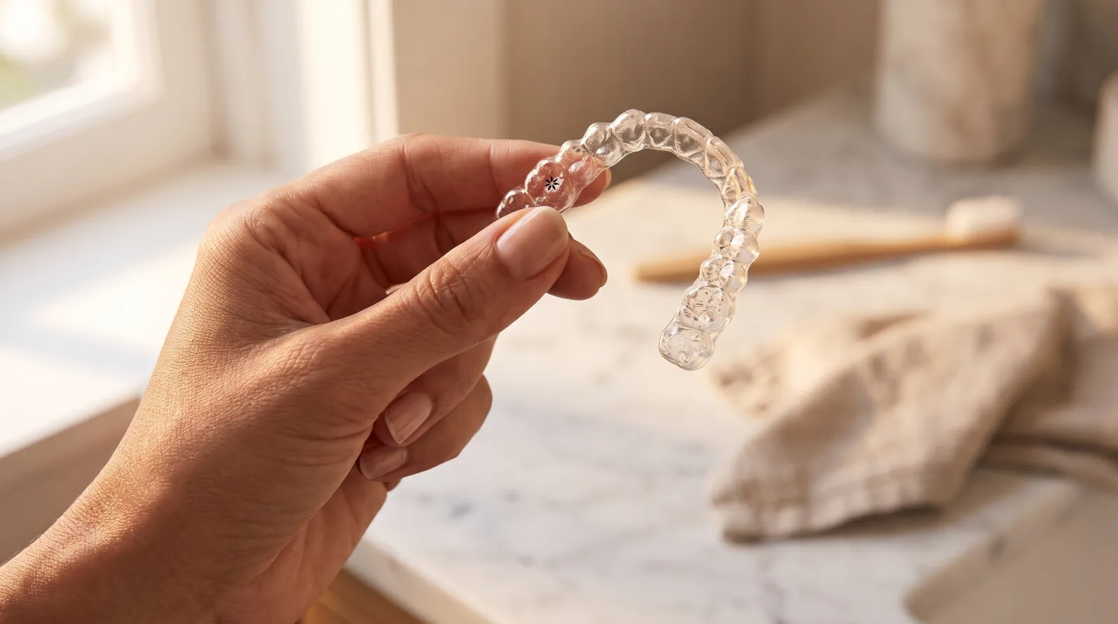 Detalle lifestyle editorial: mano de mujer adulta sostiene un alineador Invisalign transparente a la luz natural con un baño de mármol en fondo bokeh