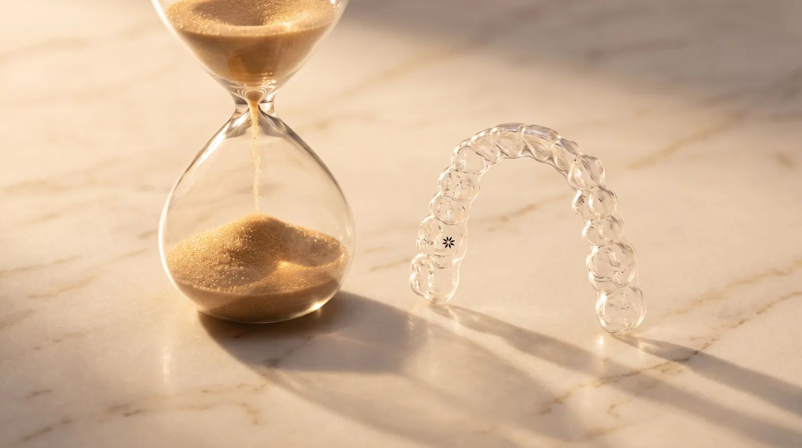 Alineador Invisalign transparente junto a un reloj de arena sobre mármol cálido — cuánto dura el tratamiento de ortodoncia invisible en Bogotá