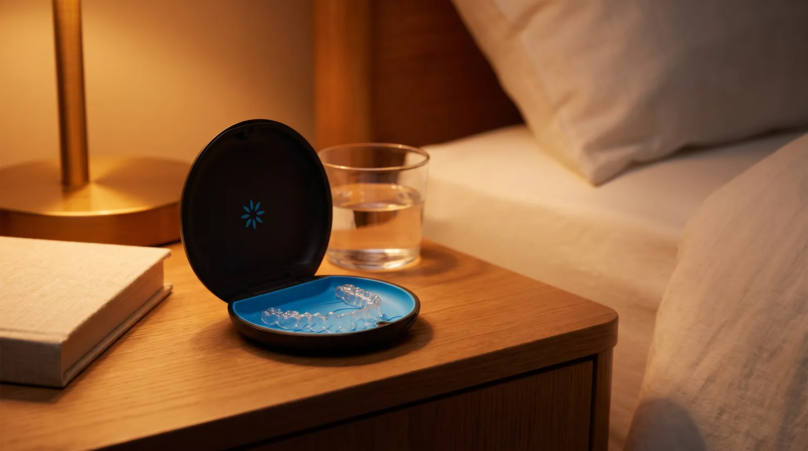 Estuche Invisalign abierto sobre una mesa de noche con luz cálida de lámpara — el ritual nocturno del retenedor