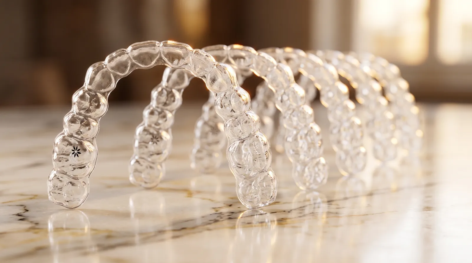 Fila de alineadores Invisalign transparentes en perspectiva sobre mármol — cada alineador es una etapa del tratamiento