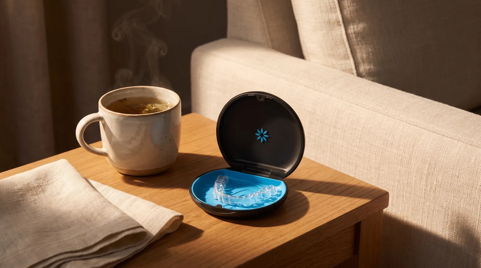 Estuche Invisalign abierto junto a una taza de té en una mesa auxiliar — la rutina de calma de los días de estreno de alineador
