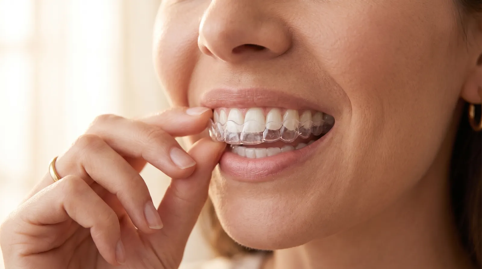 Mujer sonriendo mientras se coloca su alineador Invisalign transparente — el ajuste de un alineador nuevo se siente como presión suave, no dolor