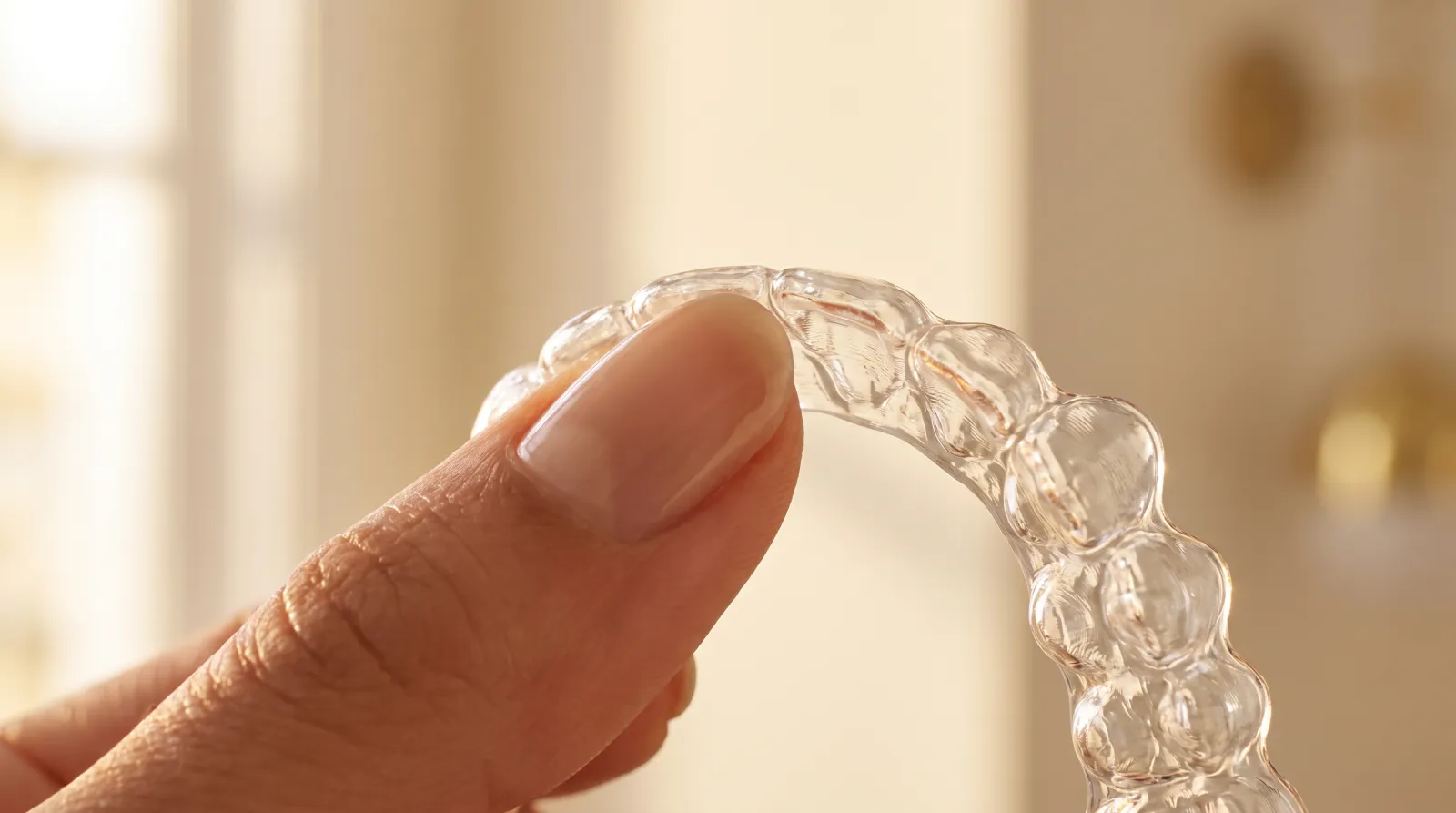 Detalle macro del borde liso y festoneado de un alineador Invisalign — sin alambres ni piezas metálicas que rocen