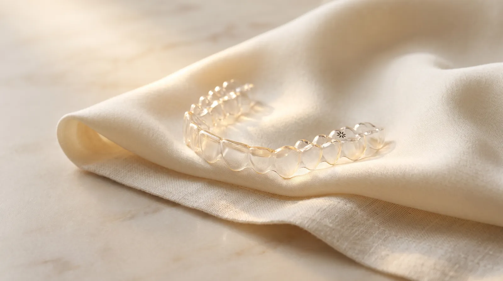 Alineador Invisalign transparente sobre seda color crema — la suavidad del tratamiento de ortodoncia invisible en Bogotá