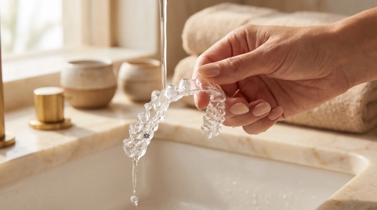 Alineador Invisalign transparente enjuagado bajo un chorro de agua fría — cómo limpiar los alineadores correctamente
