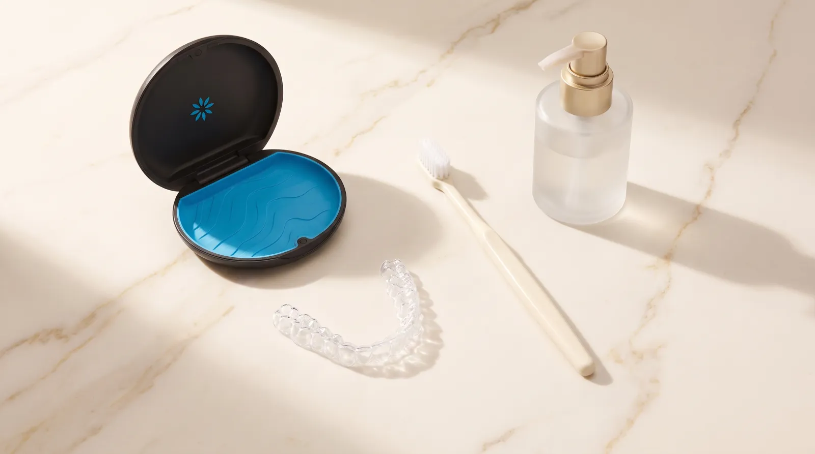 Kit de cuidado de alineadores Invisalign: estuche abierto, cepillo de cerdas suaves y jabón neutro sobre mármol