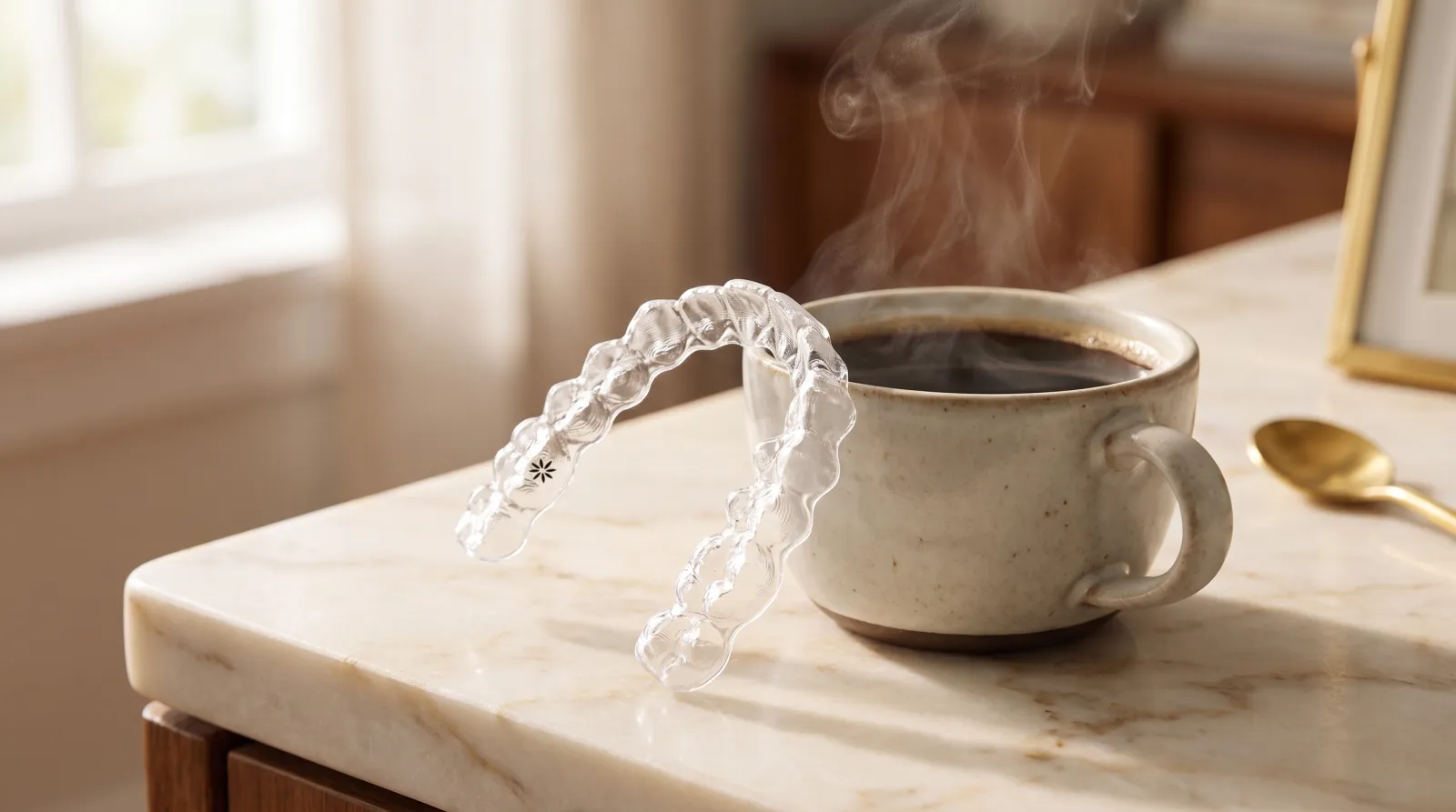 Alineador Invisalign junto a una taza de café caliente — el calor y los pigmentos son enemigos de los alineadores