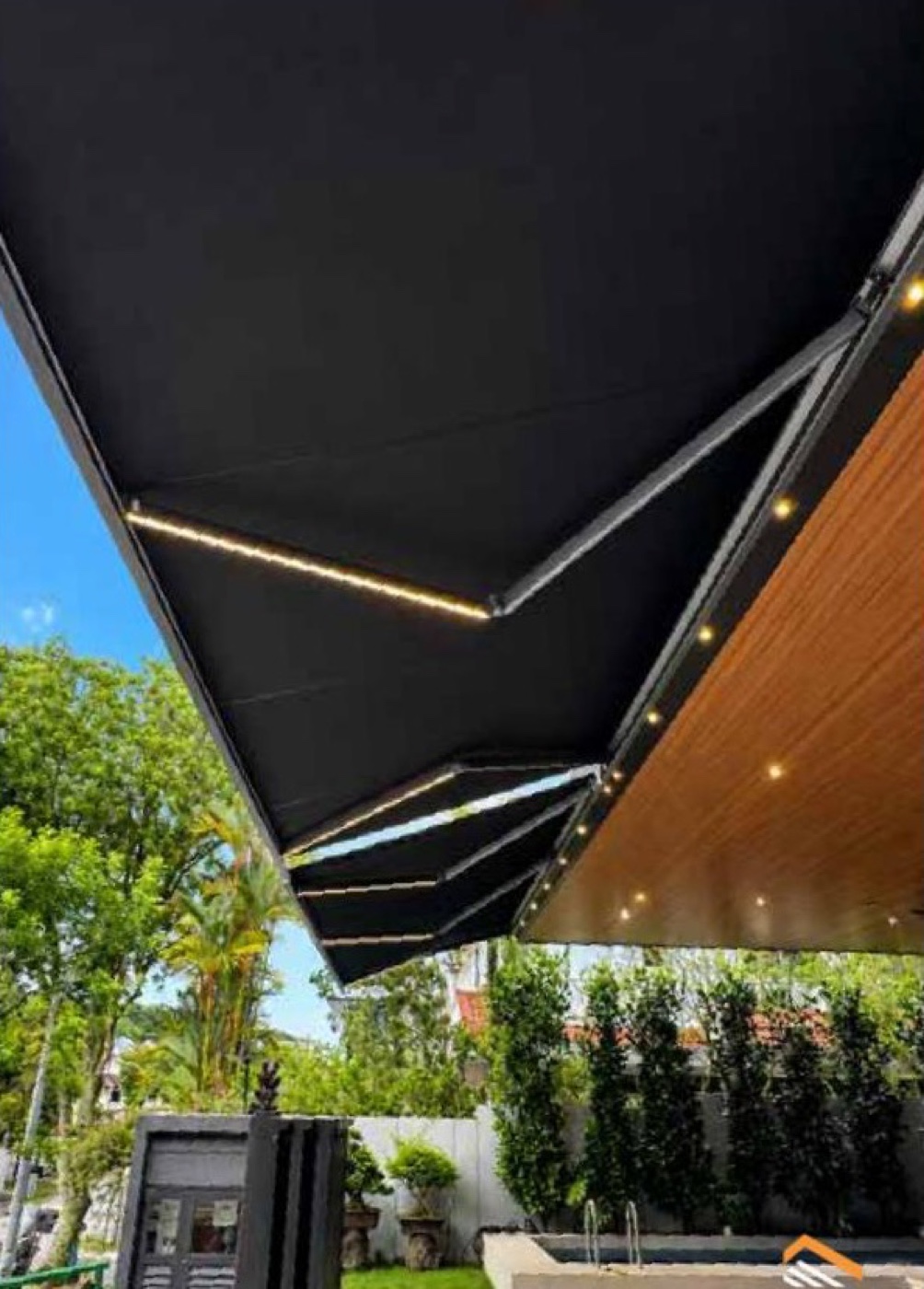 Underside of a retractable fabric canopy