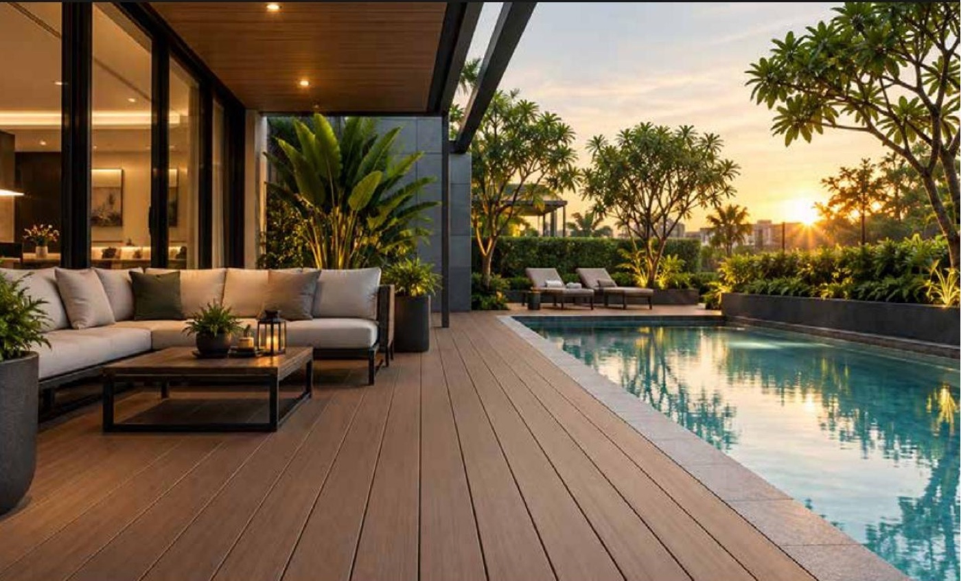 Composite decking and poolside seating at dusk
