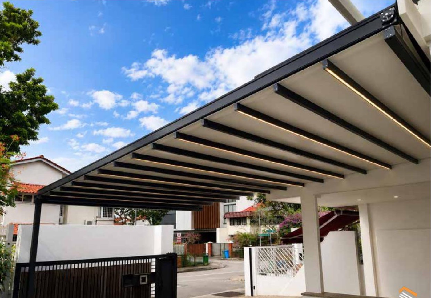 Louvre pergola over a driveway and carport