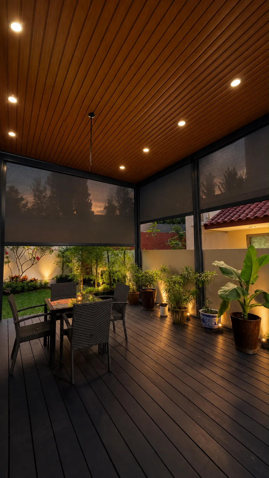 Timber-look ceiling over a deck at night