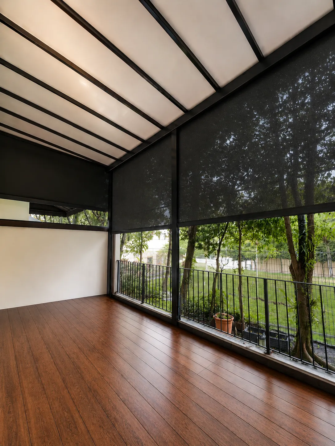Covered room with ZipBlind and a timber floor