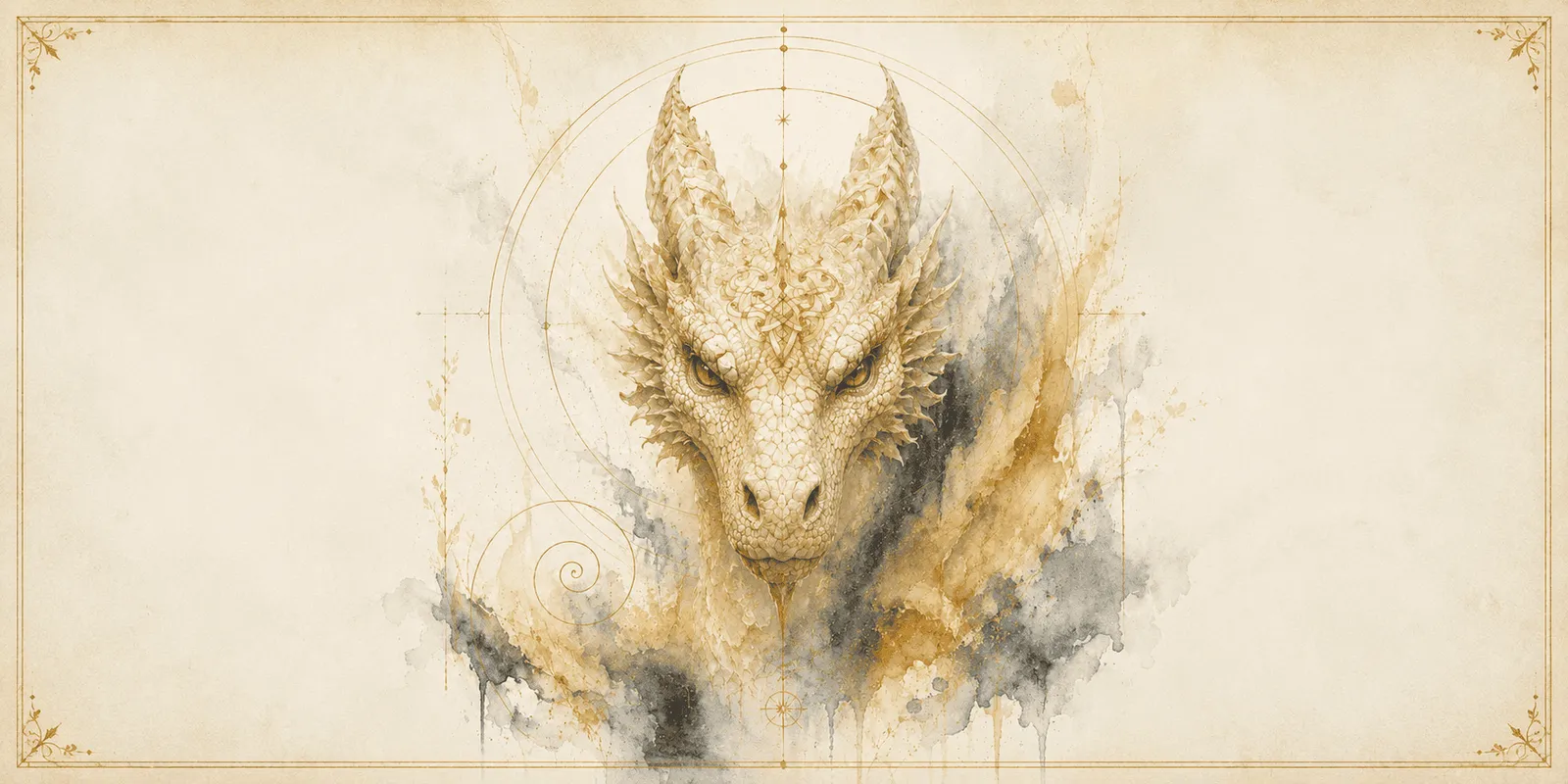 A gold and ink watercolour of a dragon, framed in a fine gold rule.