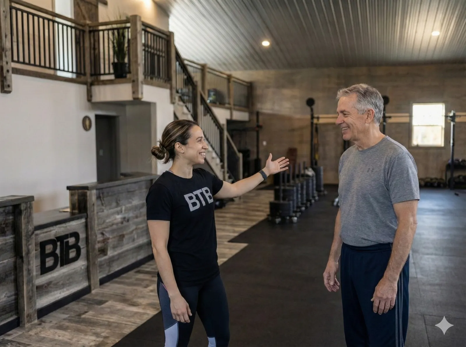 A BTB coach warmly welcomes a member into the Health & Performance Center