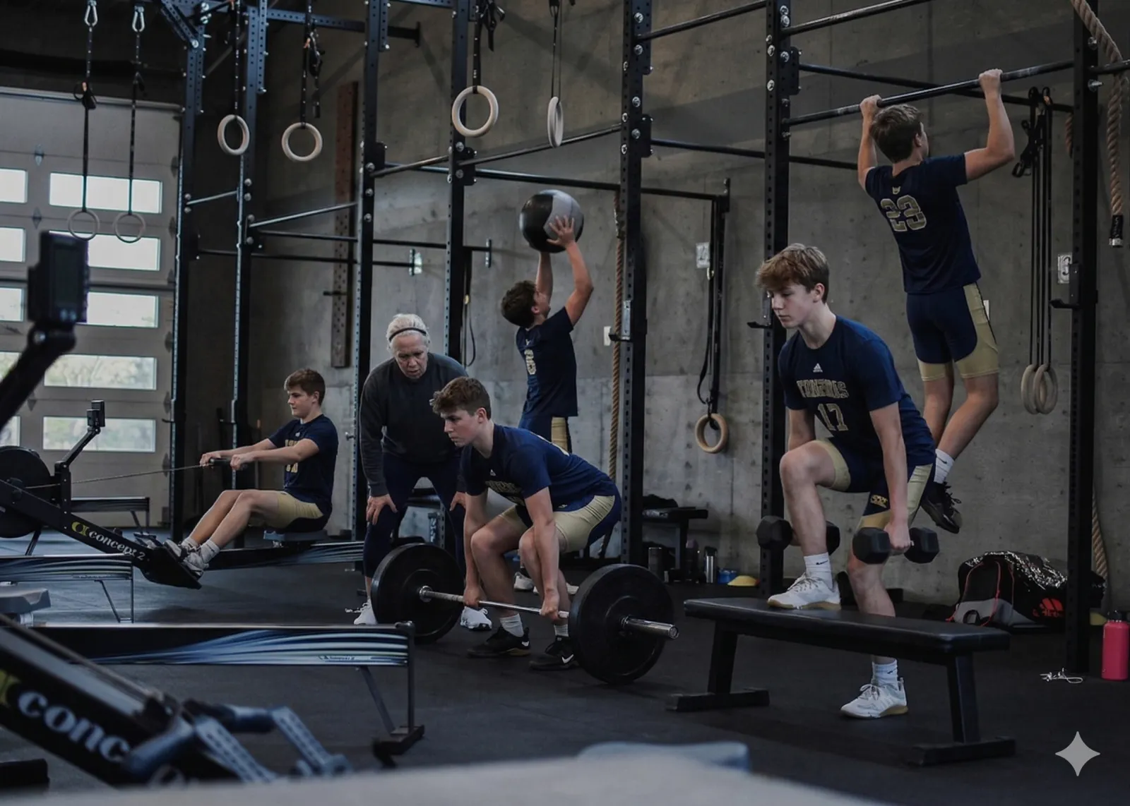 Teenage athletes doing pull-ups and bench work during a coached team session at Between The Bumpers in Stittsville