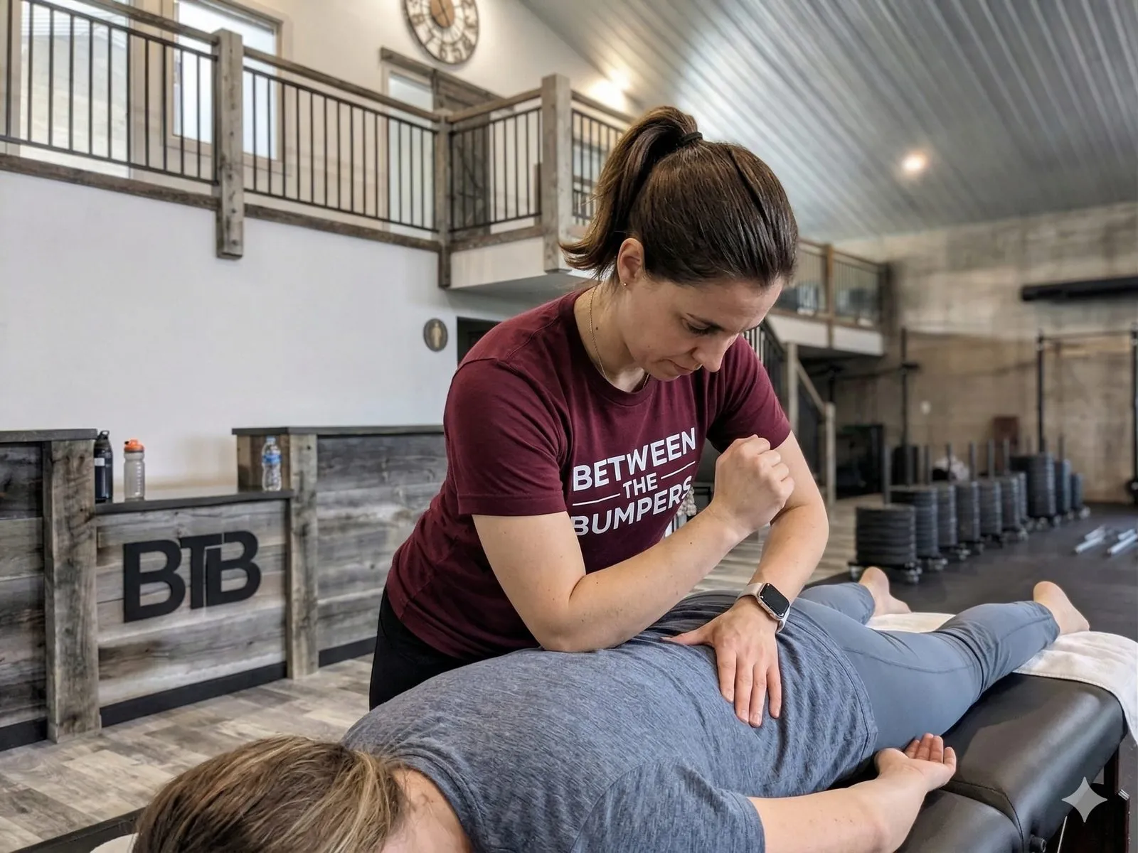 Taylor treating an athlete on the table in the gym at Between The Bumpers