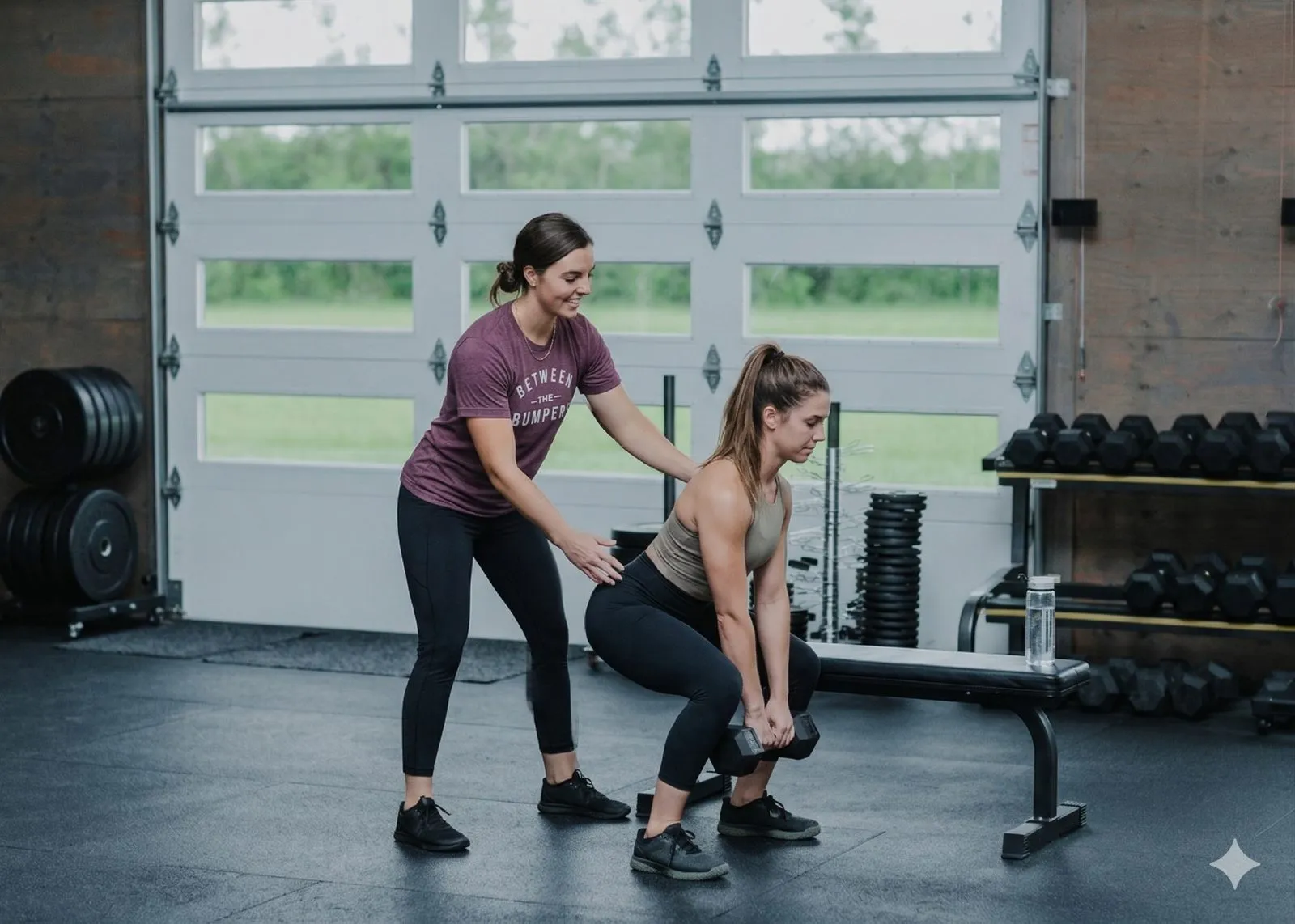 Taylor coaching a client through a loaded hinge on the gym floor