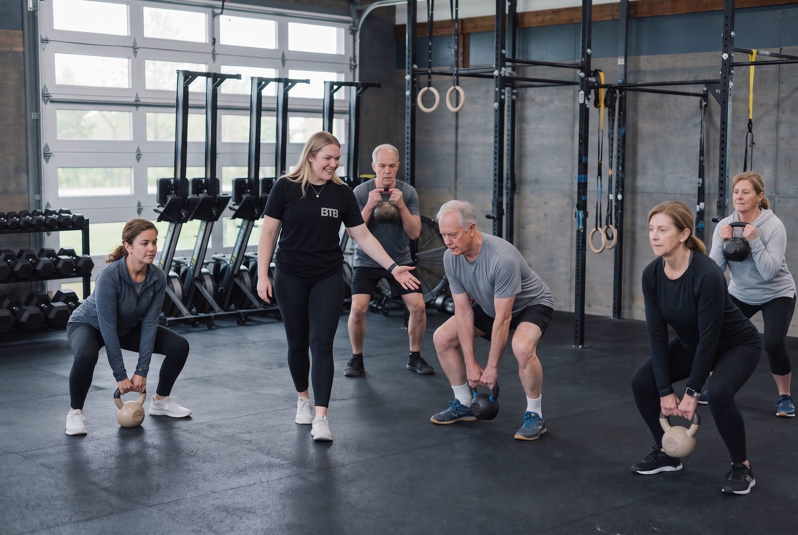 A coach cueing a small group of adults through kettlebell squats at Between The Bumpers in Stittsville