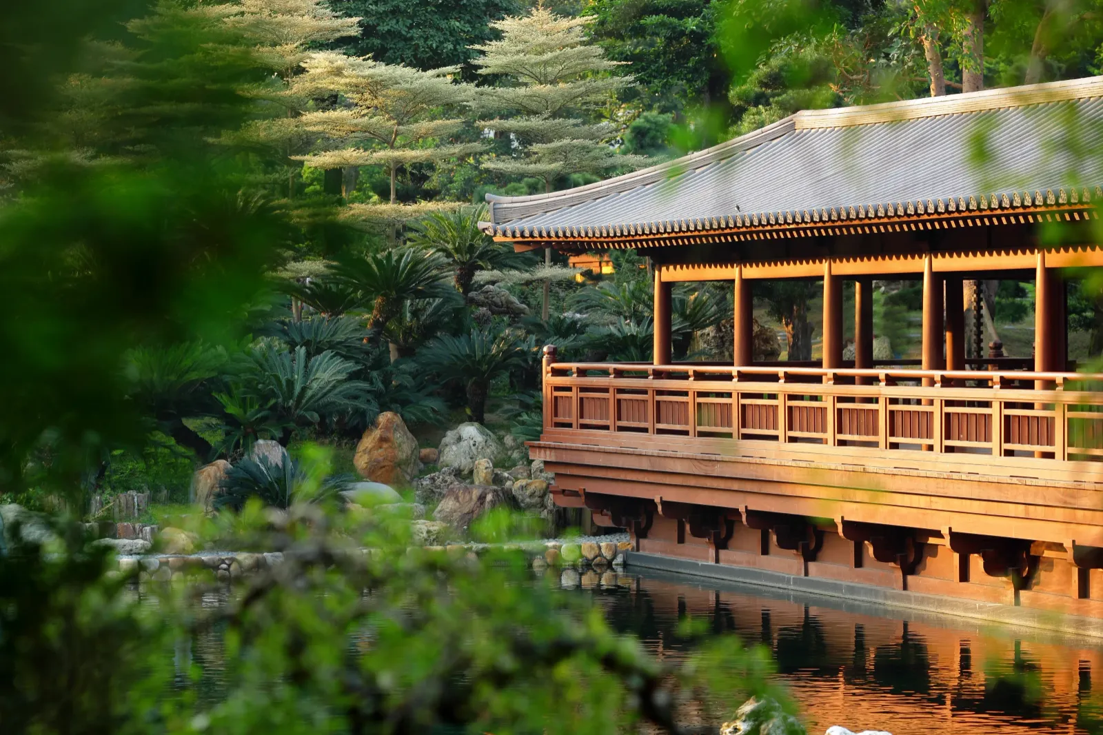Garden pavilion beside a reflecting pond in Hong Kong