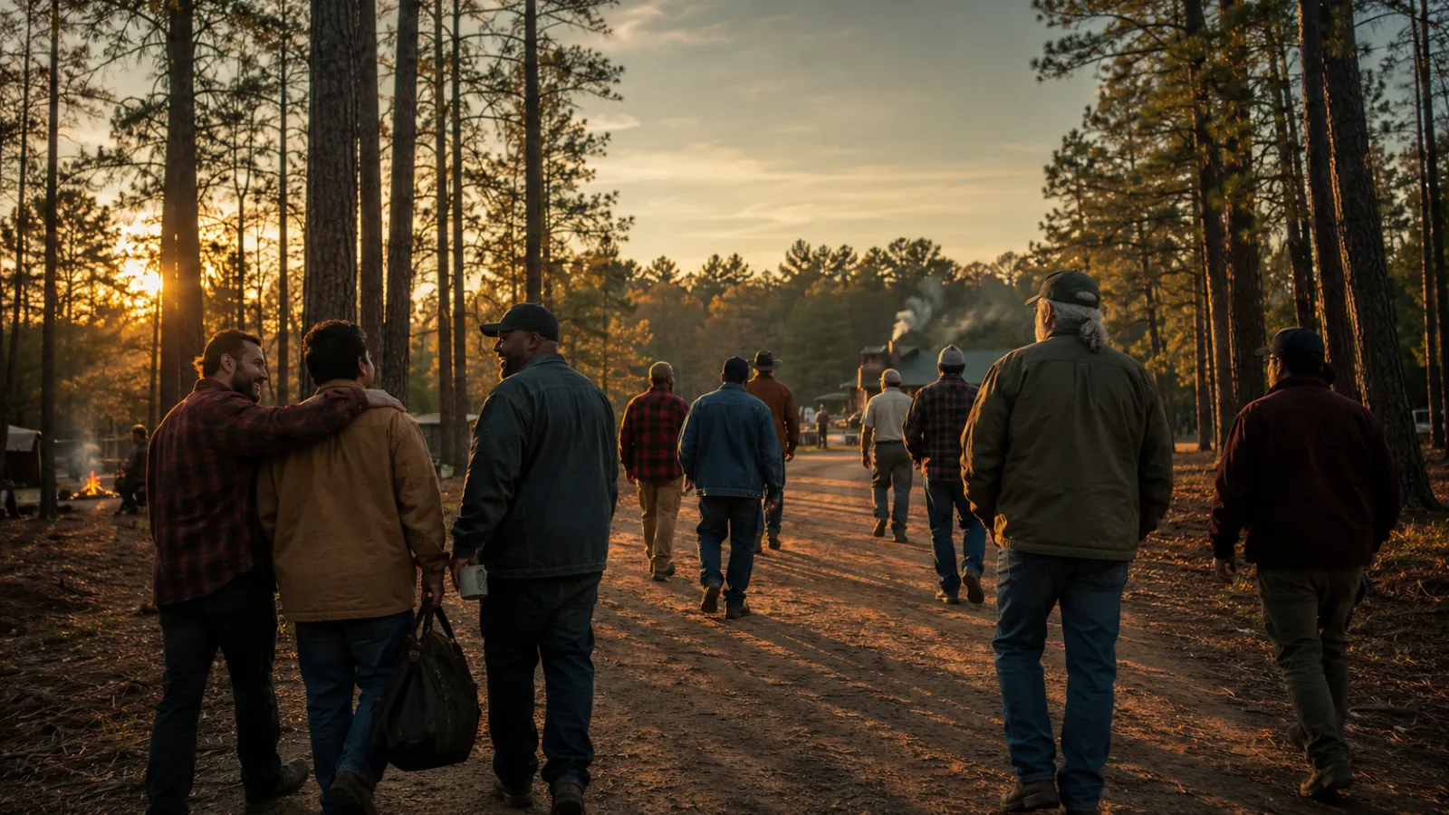 Men walking into camp together down a pine-lined road at sunset, with the lodge and chimney smoke ahead of them