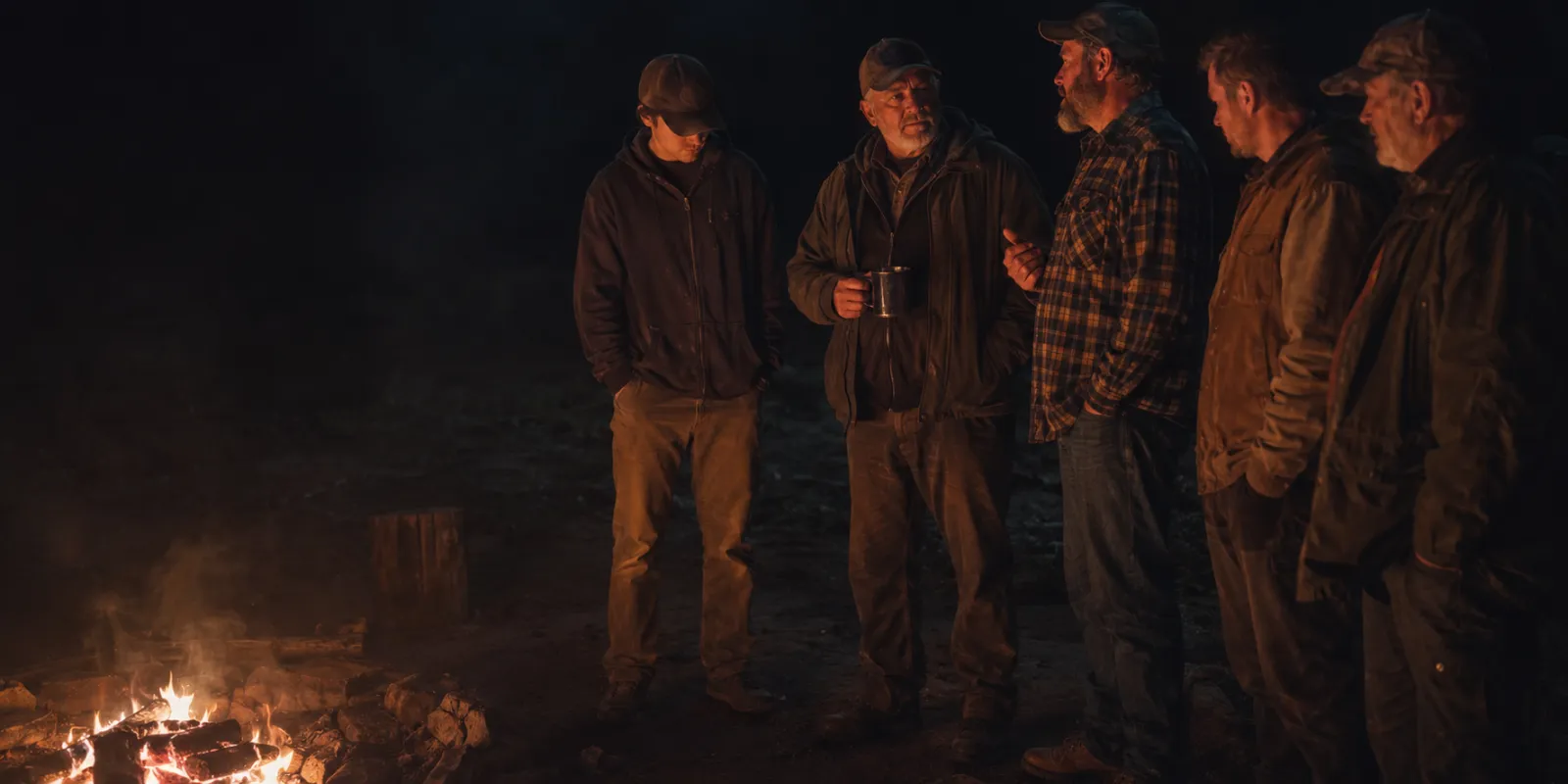 Men standing together around a fire outside a camp lodge at dusk during a ManAlive Expedition