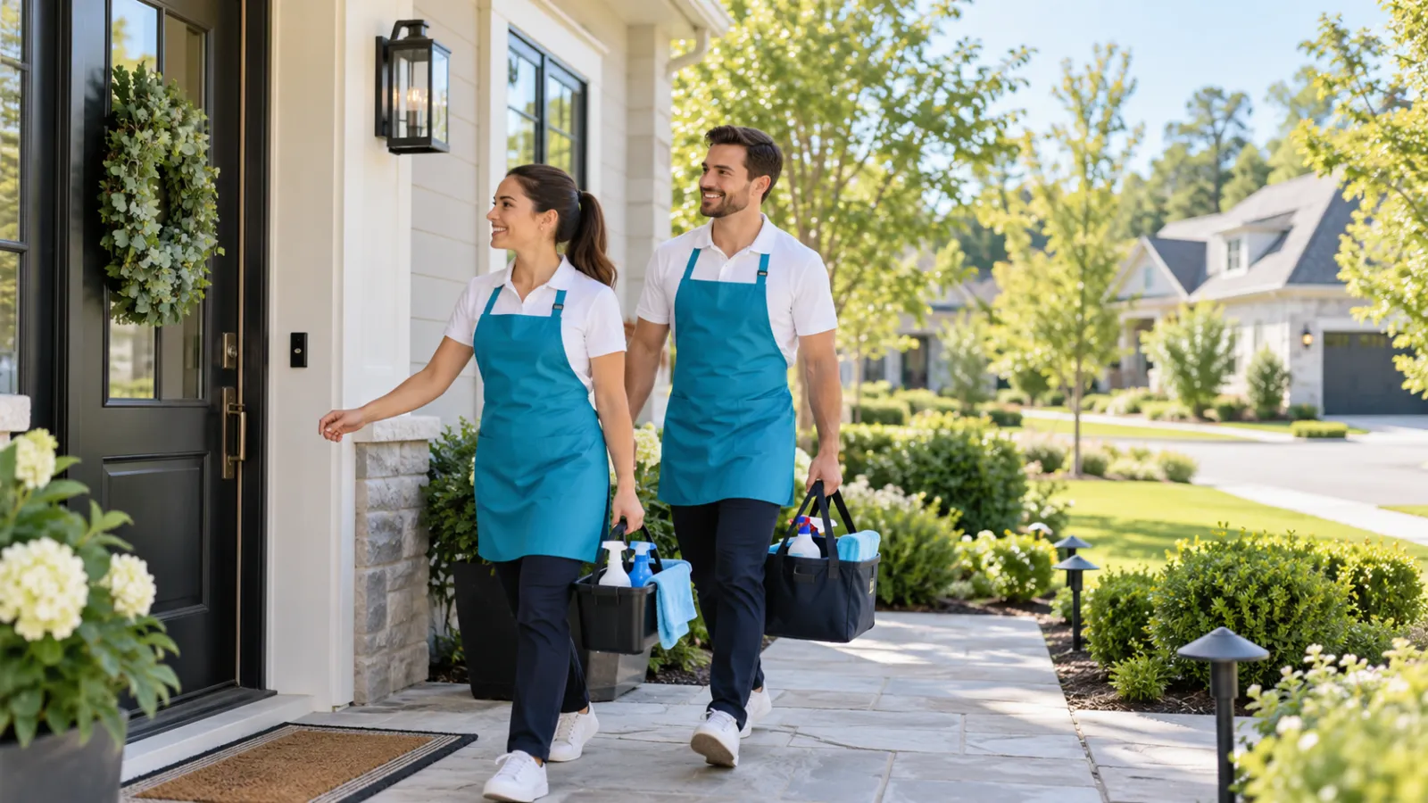 Two cleaners in aprons arriving at a customer's front door with their supplies