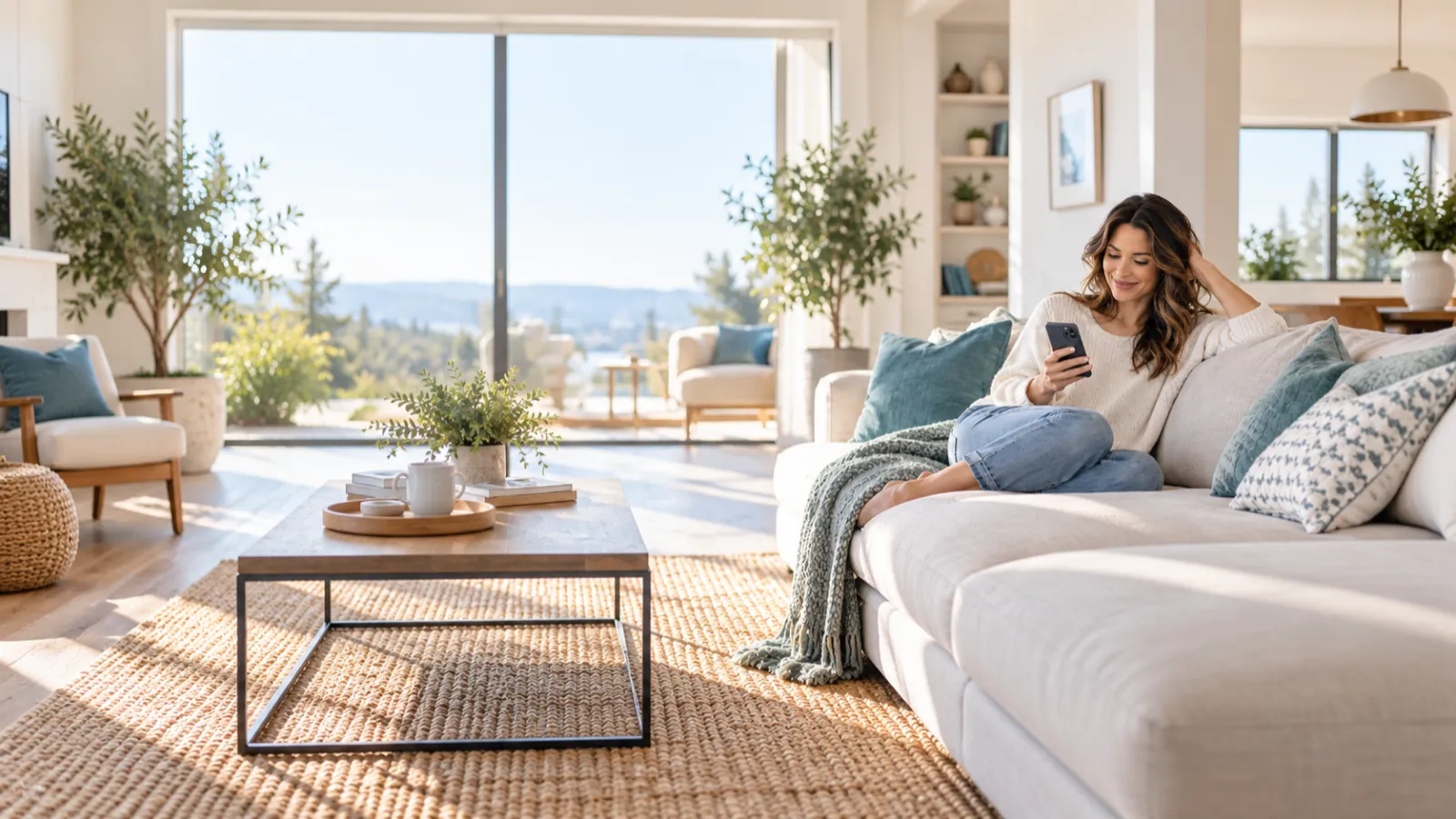 A customer relaxing on her sofa and booking a cleaning on her phone