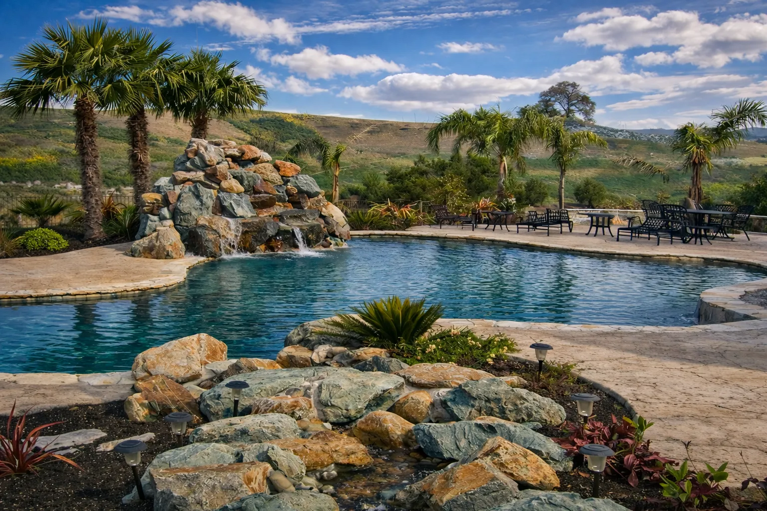 Backyard resort-style pool with waterfall and landscaping