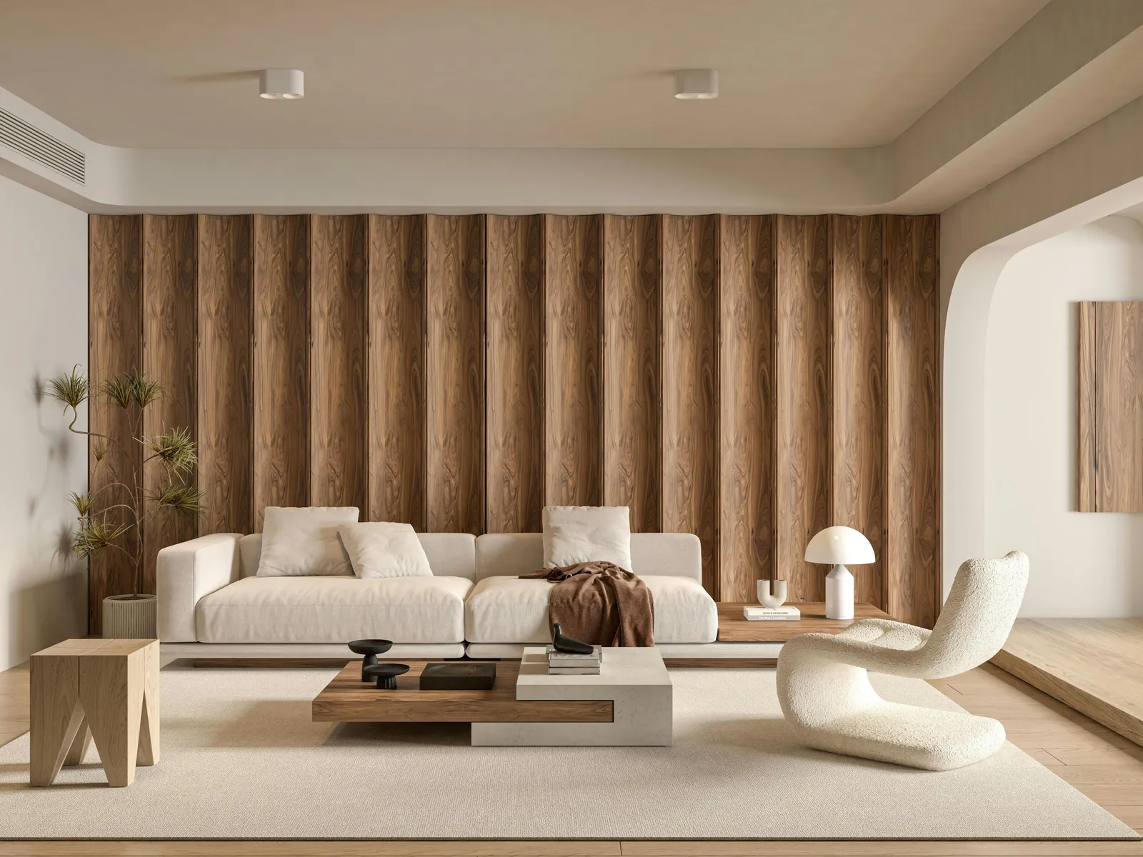 Contemporary living room with timber panelling