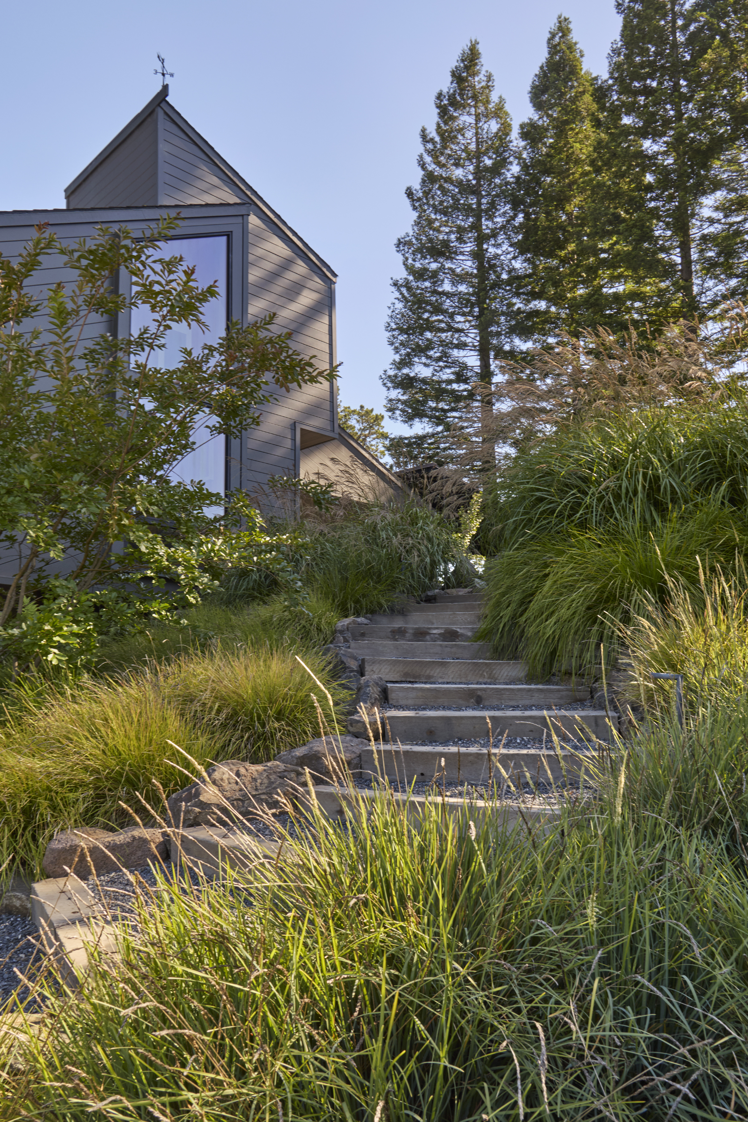 Natural stone and timber garden steps built into a planted hillside in Sebastopol CA by OCL Landscaping