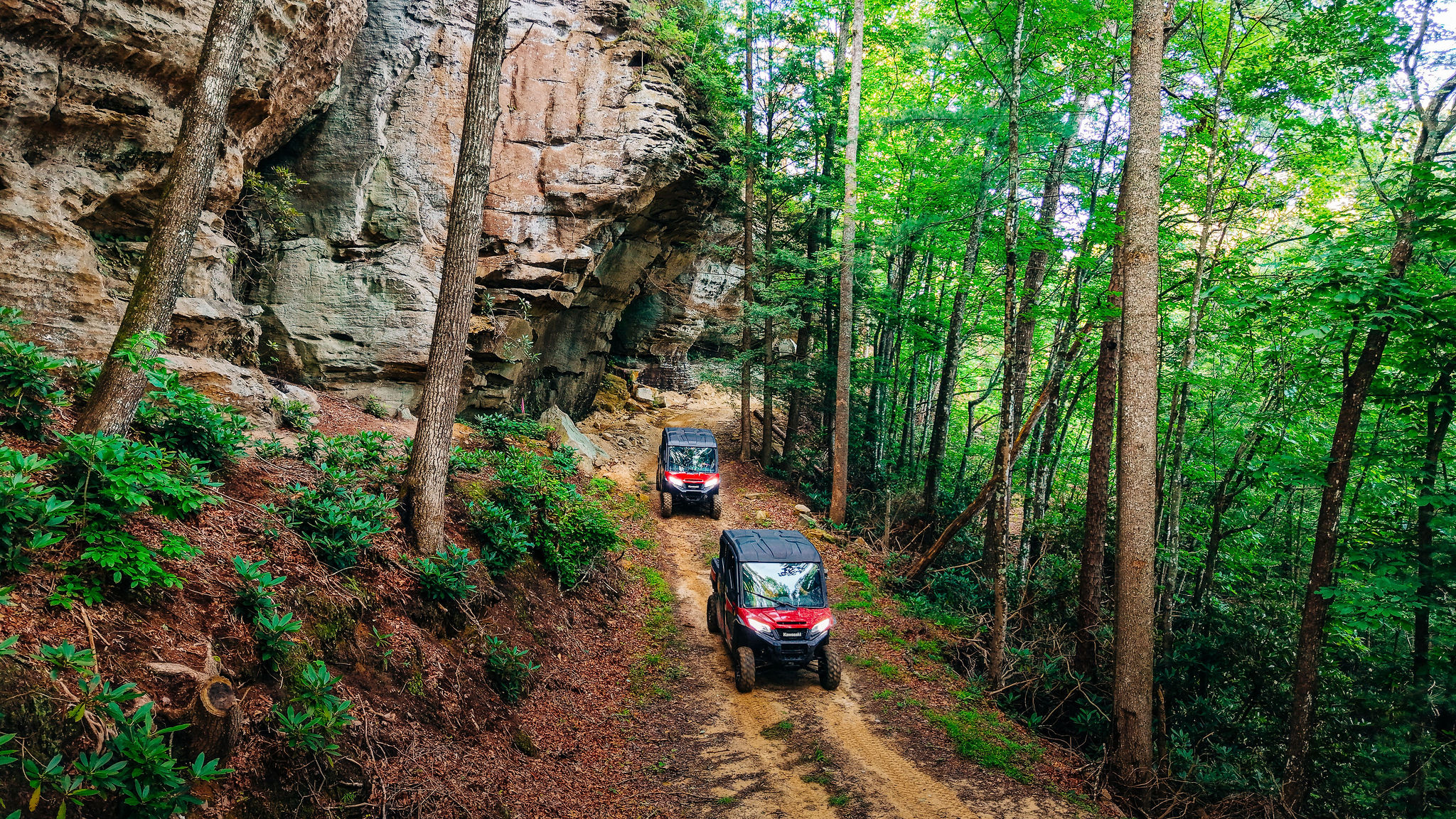 Two side-by-sides passing under a Red River Gorge rock shelter on a private forest trail