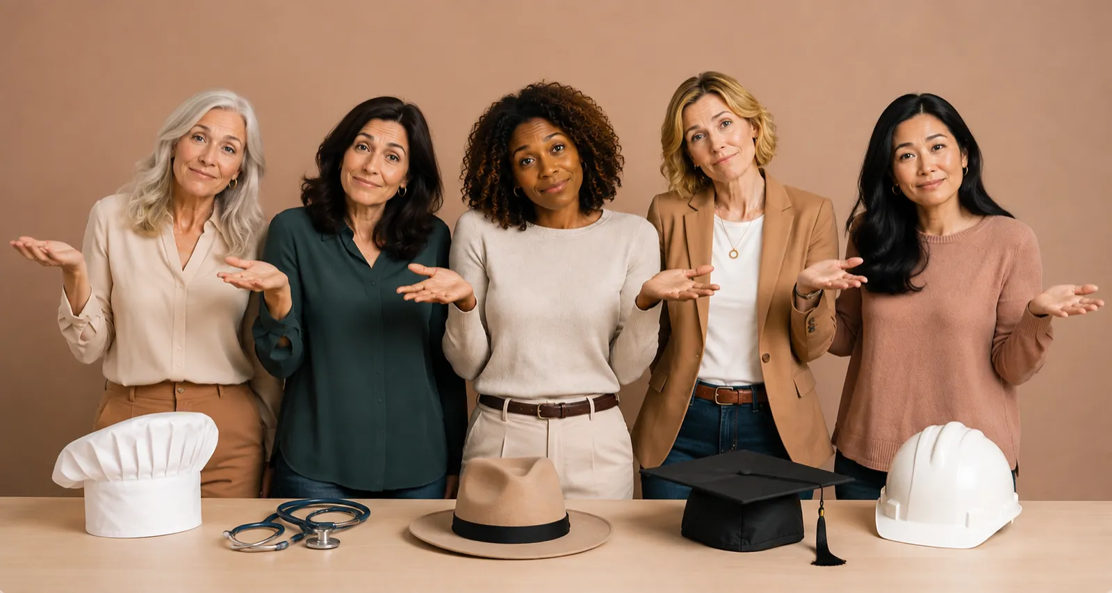 Five women of different ages and backgrounds shrugging with open palms, with a chef's hat, stethoscope, fedora, graduation cap and hard hat on the table in front of them
