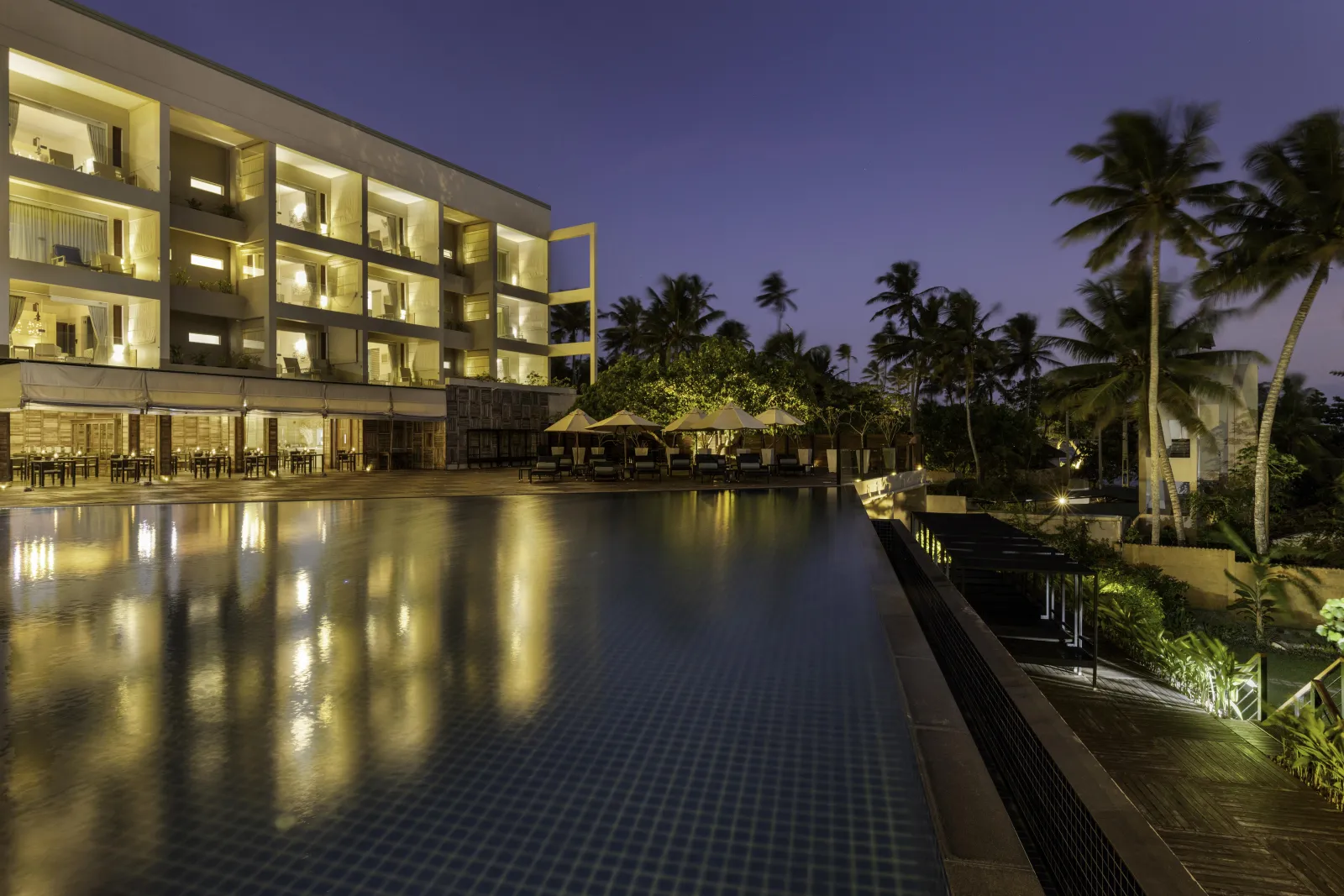 Ocean-adjacent setting of Ayurvie Weligama with palm trees and open coastal views.
