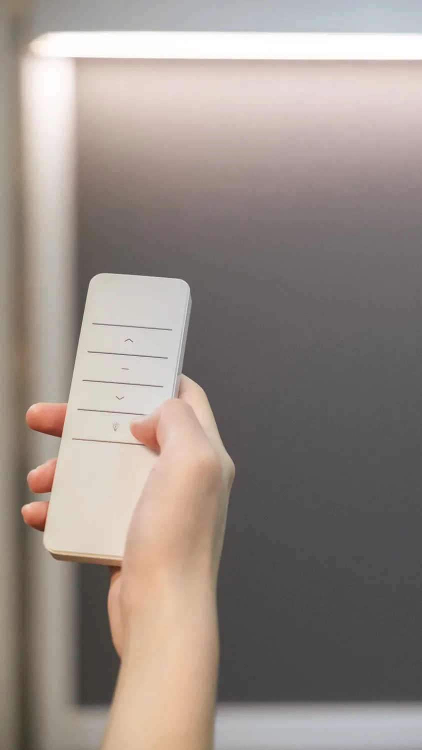 Hand holding the ZipBlind remote