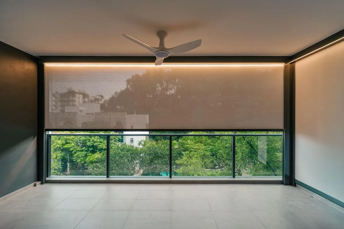 ZipBlind on a balcony with a garden view