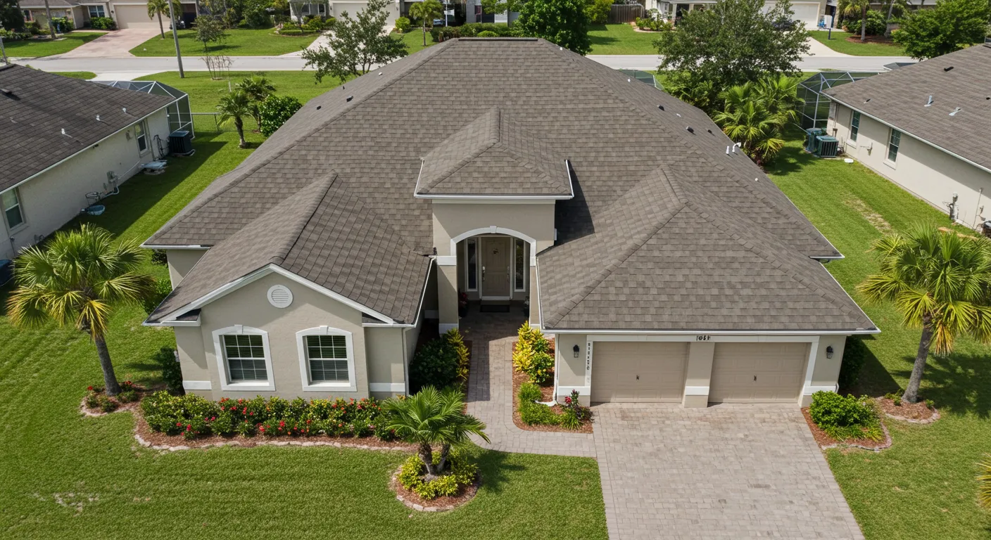 Three Logams Roofing team members beside a company yard sign at a Central Florida home being re-roofed