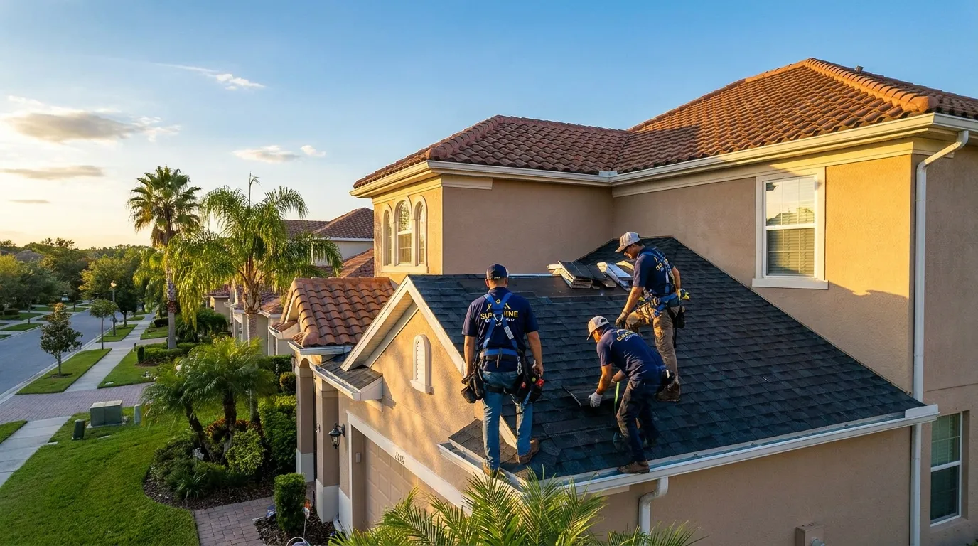 Logams Roofing crew replacing a shingle roof on a Central Florida home