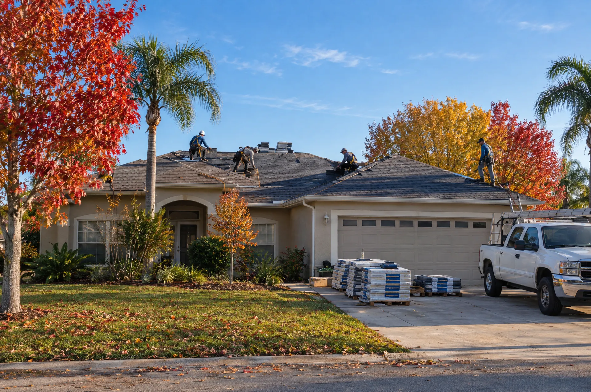 Three Logams Roofing team members beside a company yard sign at a Central Florida home being re-roofed