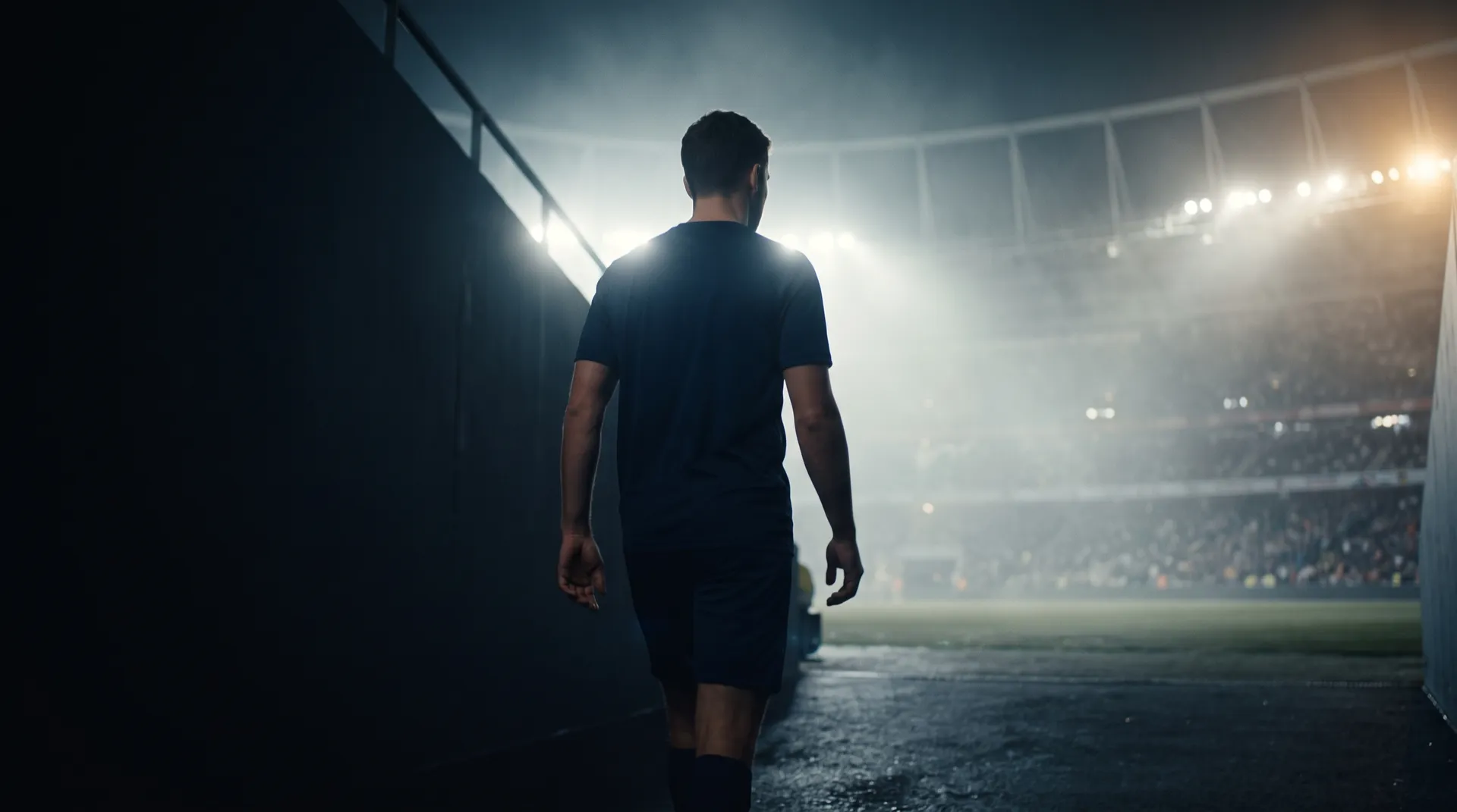 An athlete walks out of a tunnel toward the floodlights, calm and focused