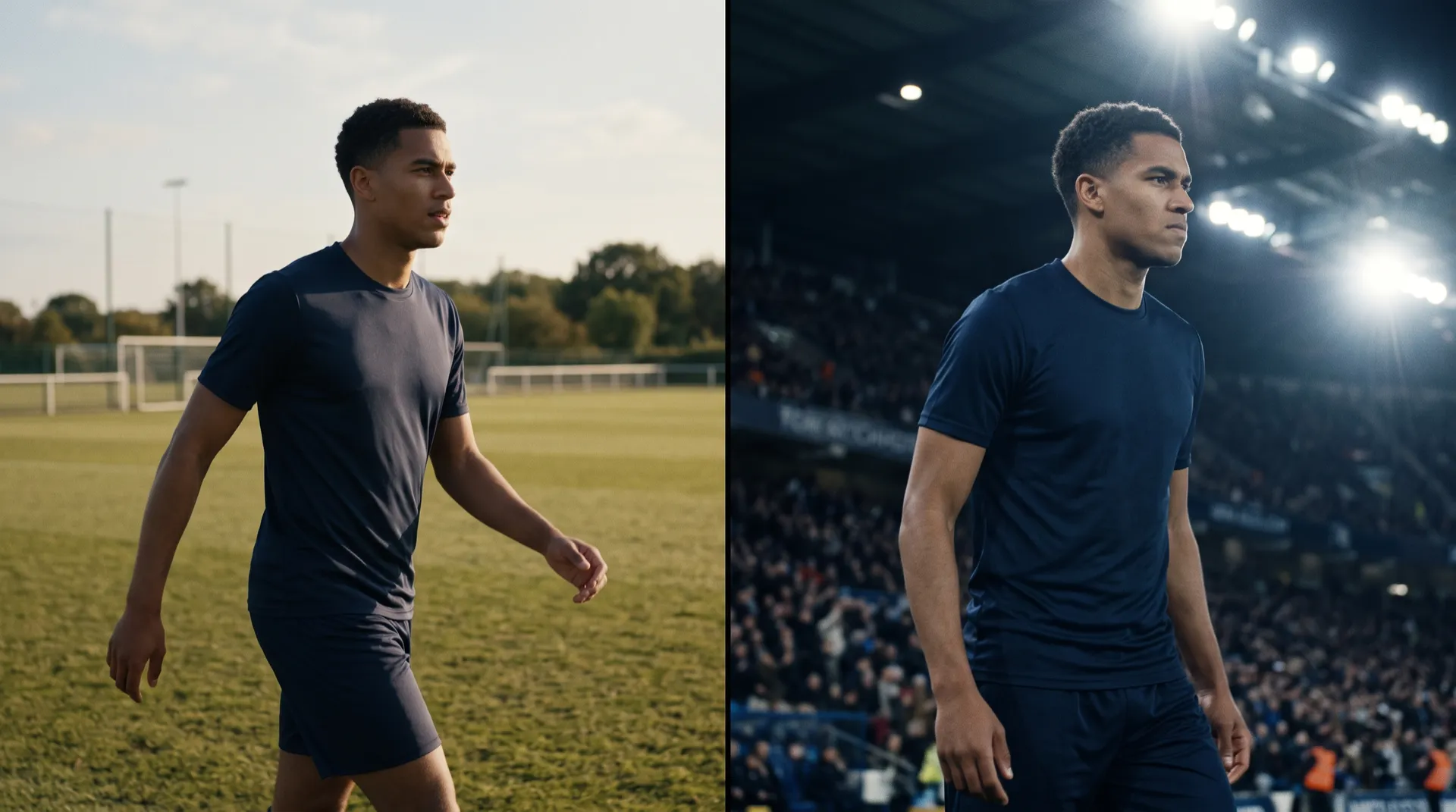 The same athlete, loose in training on the left and tense under the floodlights on the right