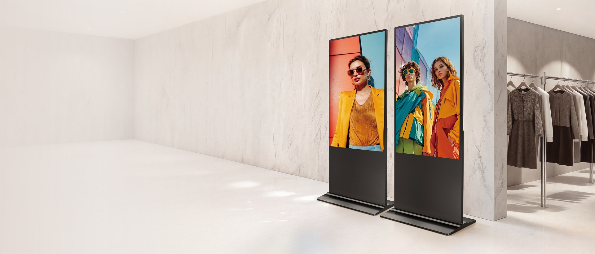 Hikvision Floor-Standing Digital Signage display in a modern shopping mall environment