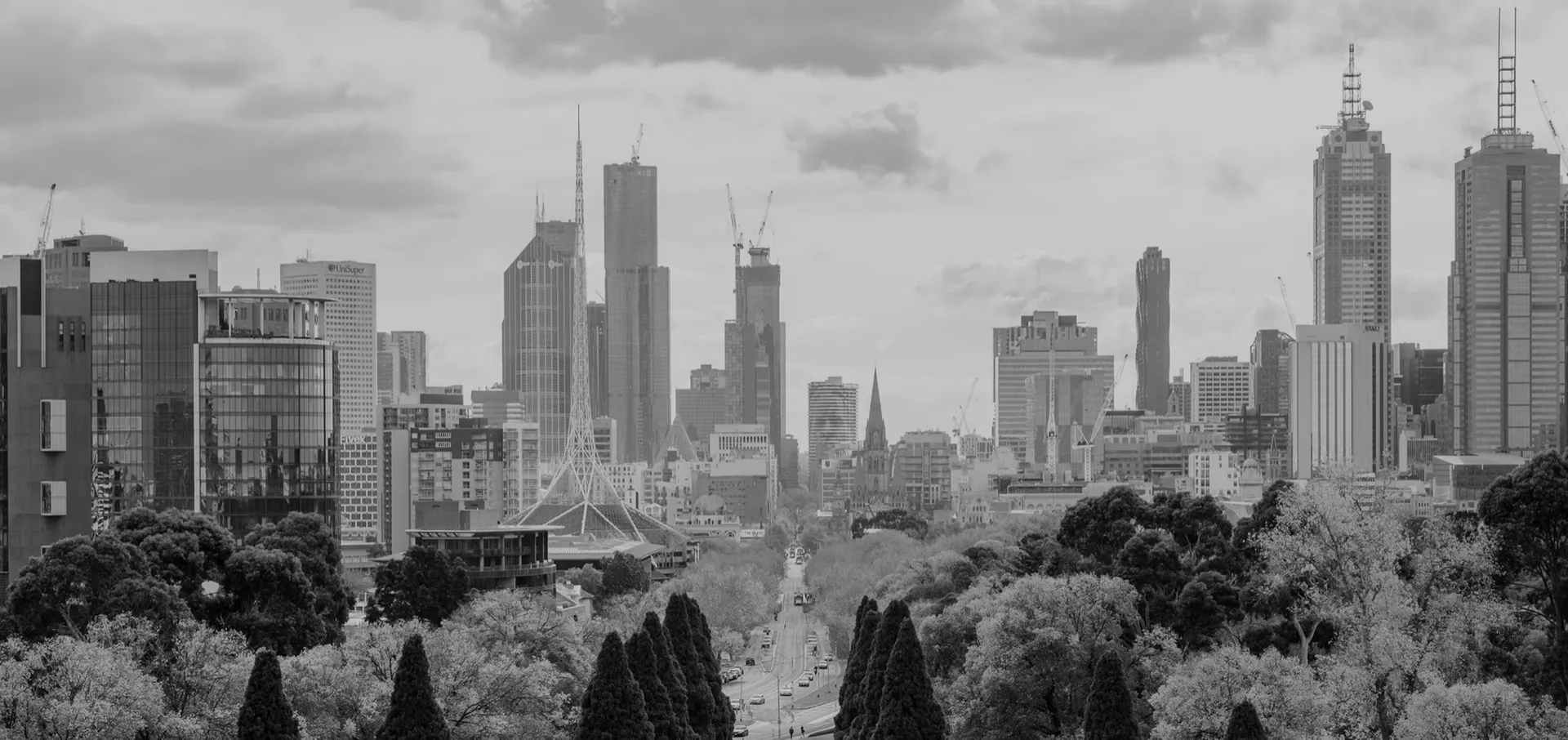 Downtown skyline above a park
